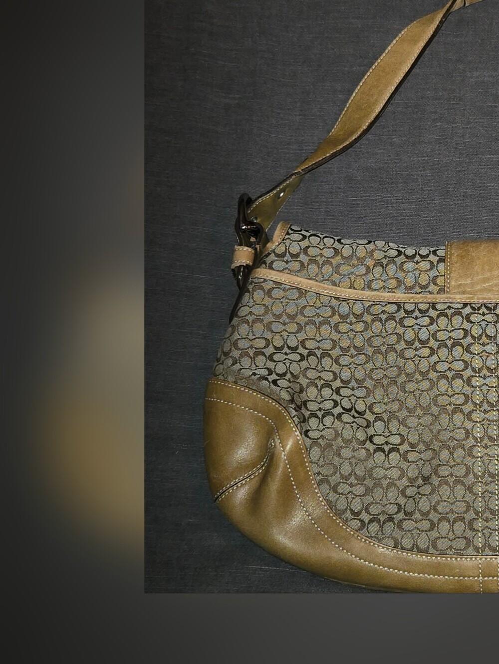 Coach Signature C Canvas Shoulder Bag Khaki Tan Leather Trim Flap Purse - Picture 2 of 10